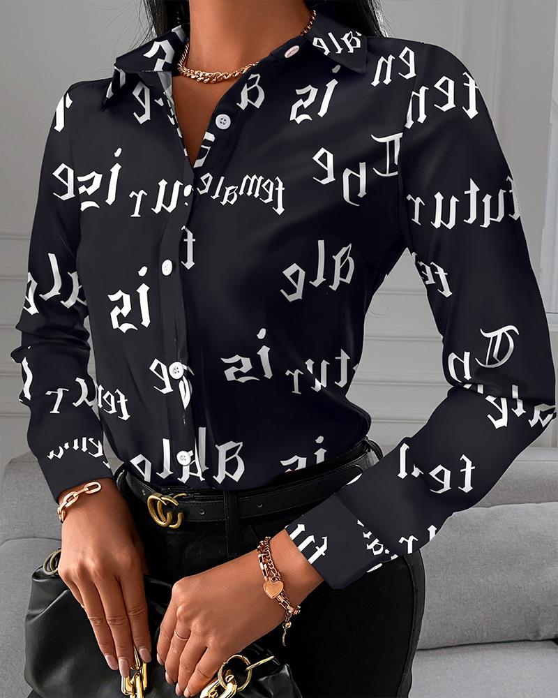 

Letter Pattern Print Button Up Long Sleeve Blouse, Black