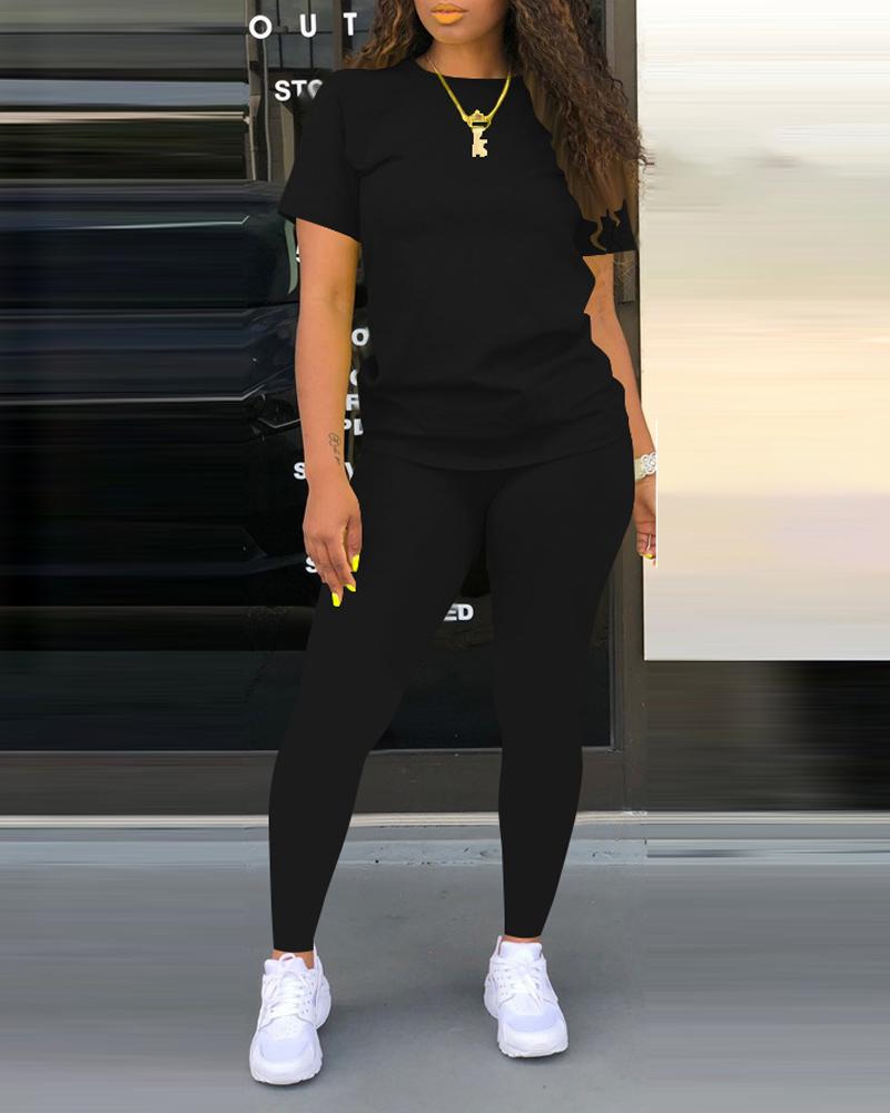 

Plus Size Plain Casual T-shirt & Pants Set, Black
