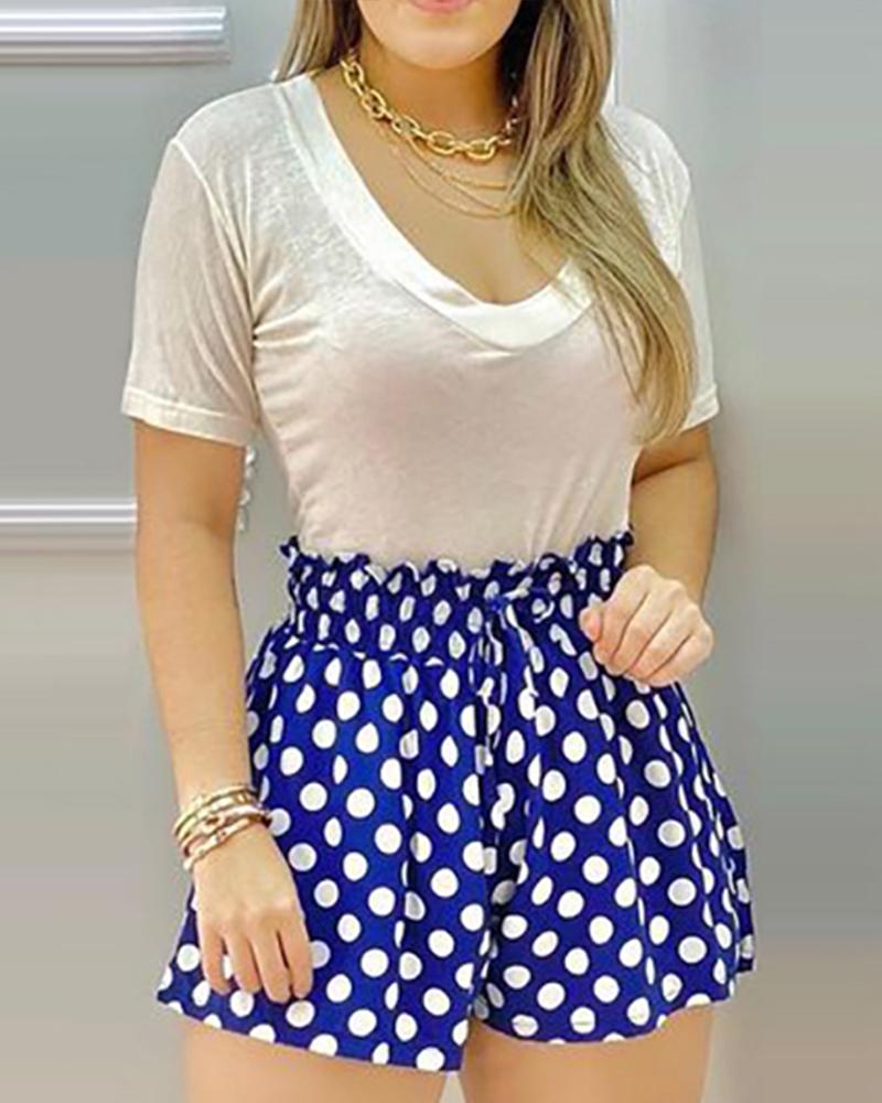 

V-Neck Top & Polkadot Print Shirred Shorts Set, Blue