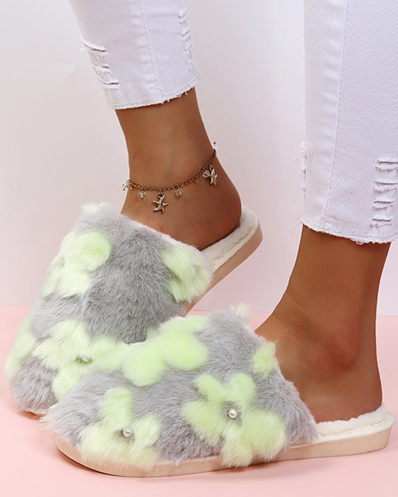 

Floral Pattern Fuzzy Slippers, Gray&green