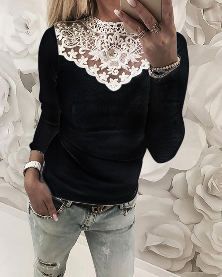 

Appliqued Patchwork Casual T-Shirt, Black