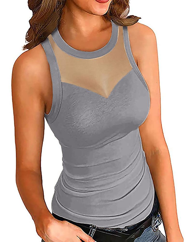 

Round Neck Sheer Mesh Plain Sleeveless Top, Gray