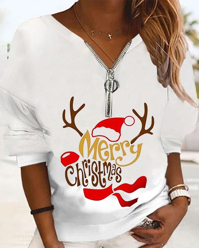 

Plus Size Christmas Elk Print Zip Front Casual Top, White
