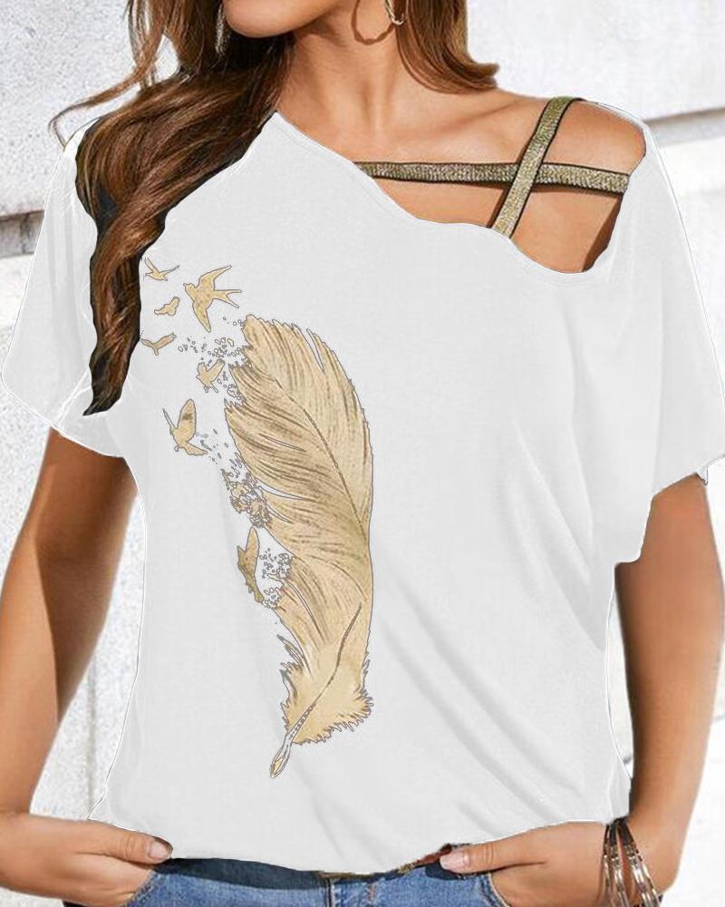 

Feather Print Hollow-out Short Sleeve T-shirt, White