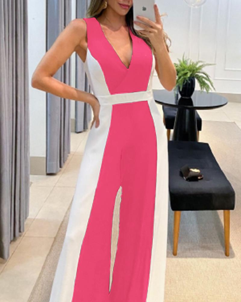 

Colorblock Sleeveless Wide Leg Jumpsuit Without Belt, Rose red