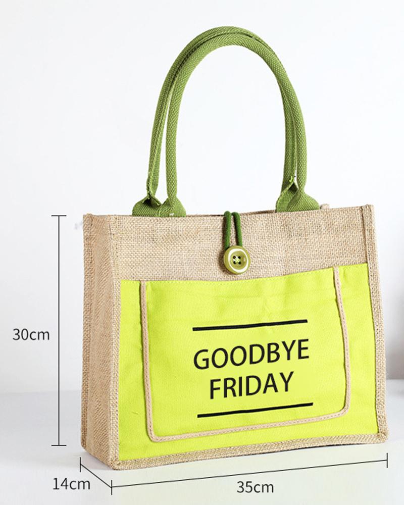 

Hello Weekend Letter Print Top Handle Shopping Gift Tote Bag, Green