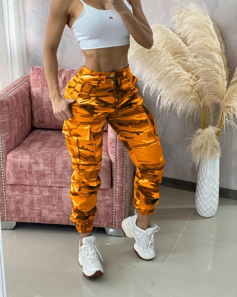 

Camouflage Print Drawstring Pocket Design Cargo Pants, Orange