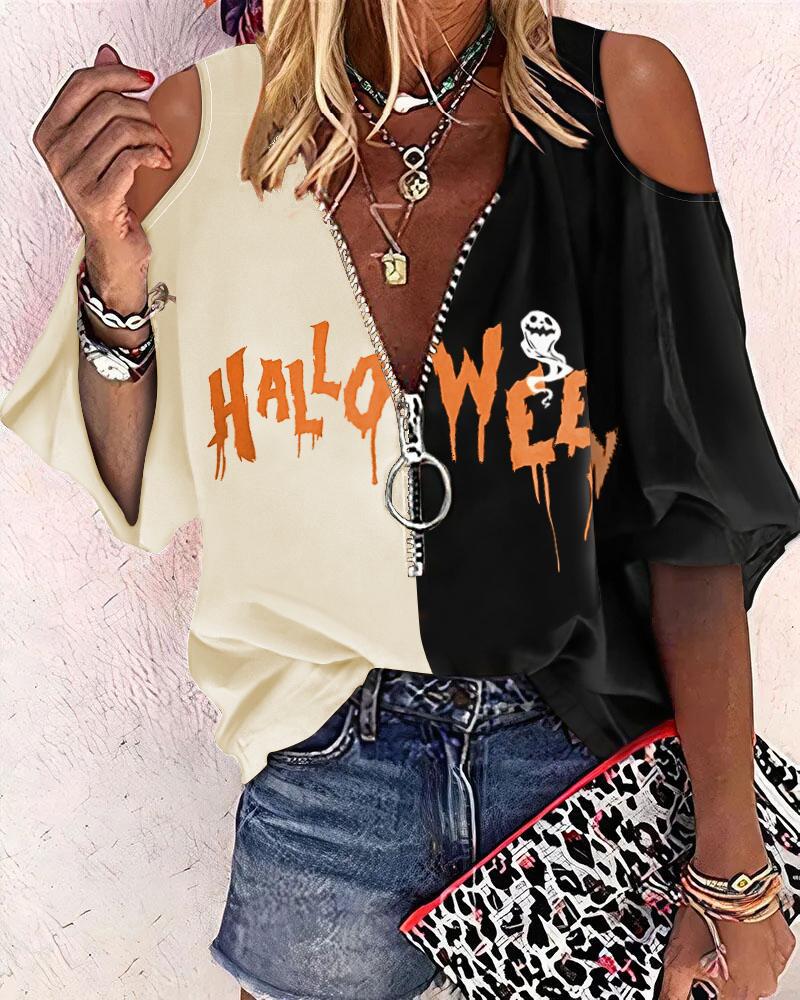 

Halloween Graphic Print Colorblock Cold Shoulder Top, Black
