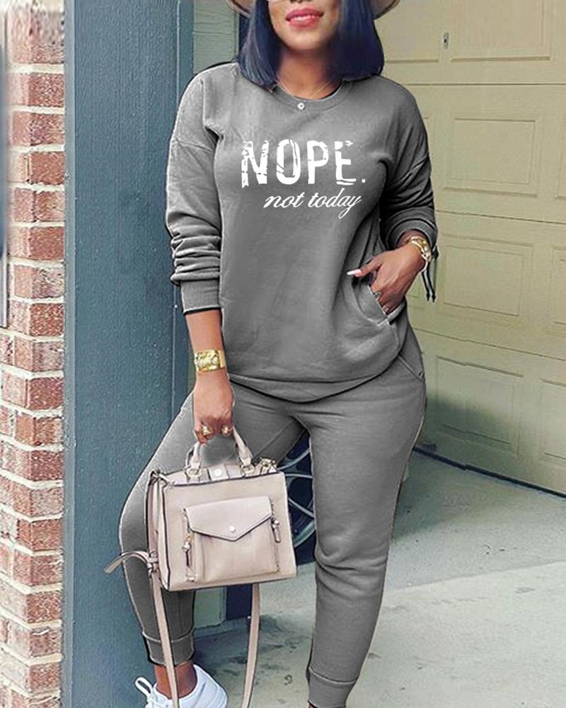 

Letter Print Round Neck Top & Pants Set, Dark grey