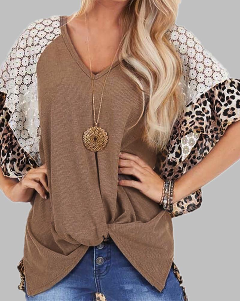 

V-neck Leopard Print Crochet Lace Twisted T-shirt, Brown