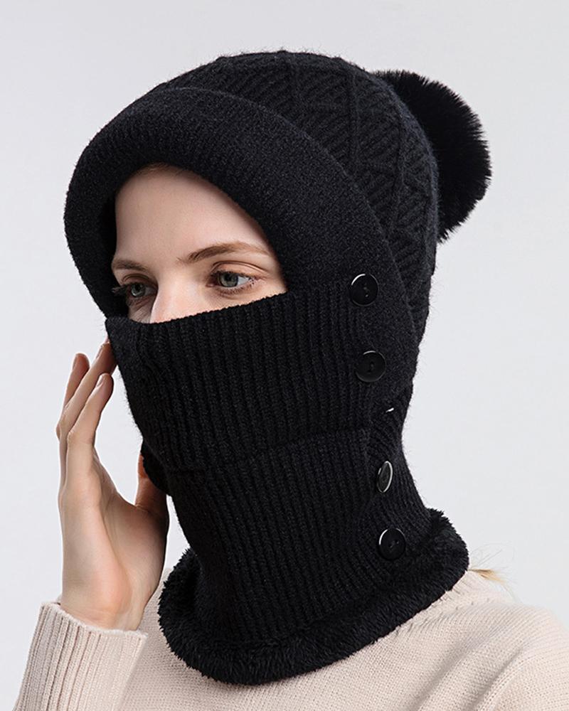 

Windproof Thermal Plaid Buttoned Pom Pom Knit Winter Hat With Neck Warmer, Black
