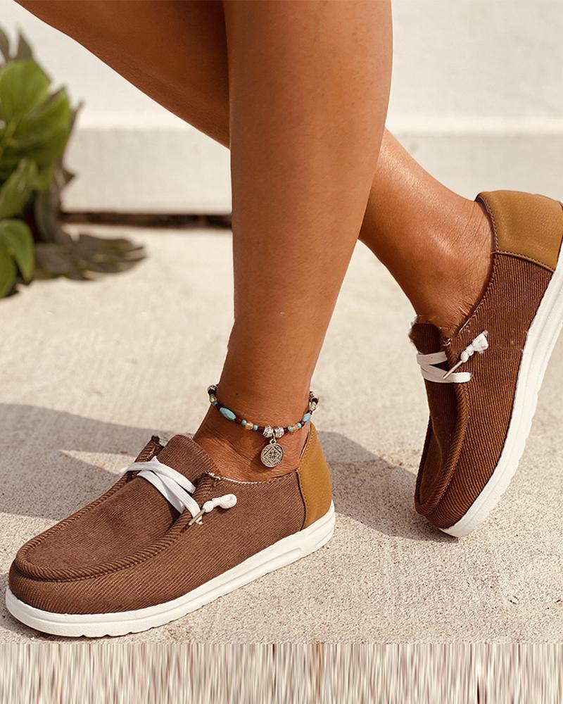 

Round-toe Cow Pattern Lace-up Slip-on, Khaki