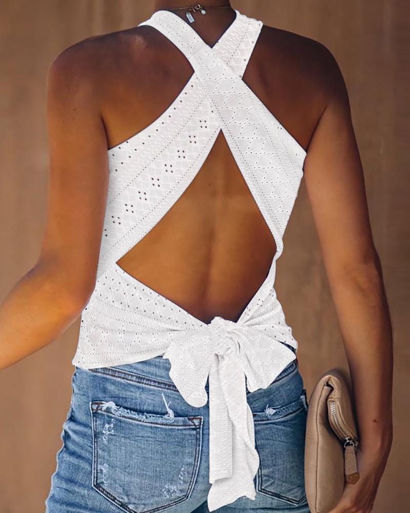 

Eyelet Embroidery Tied Detail Backless Top, White