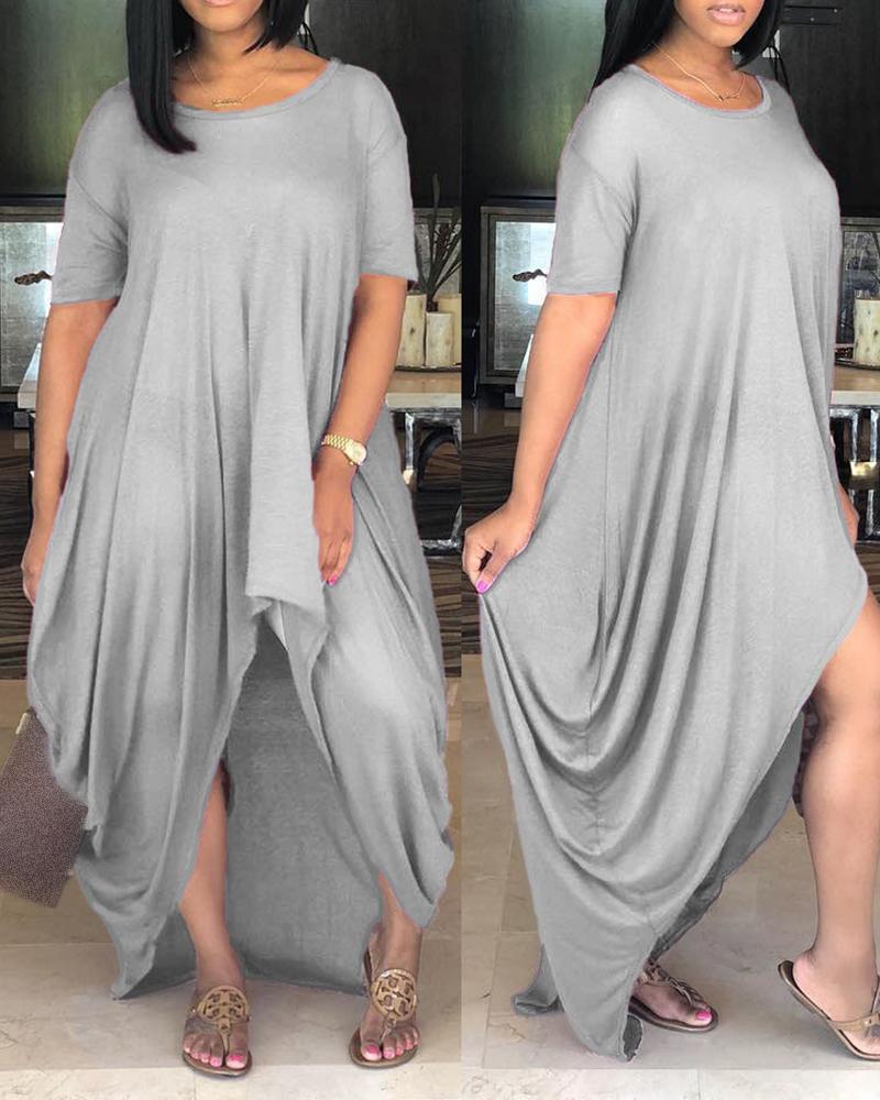 

Short Sleeve Ruched Asymmetrical Maxi Dress, Gray