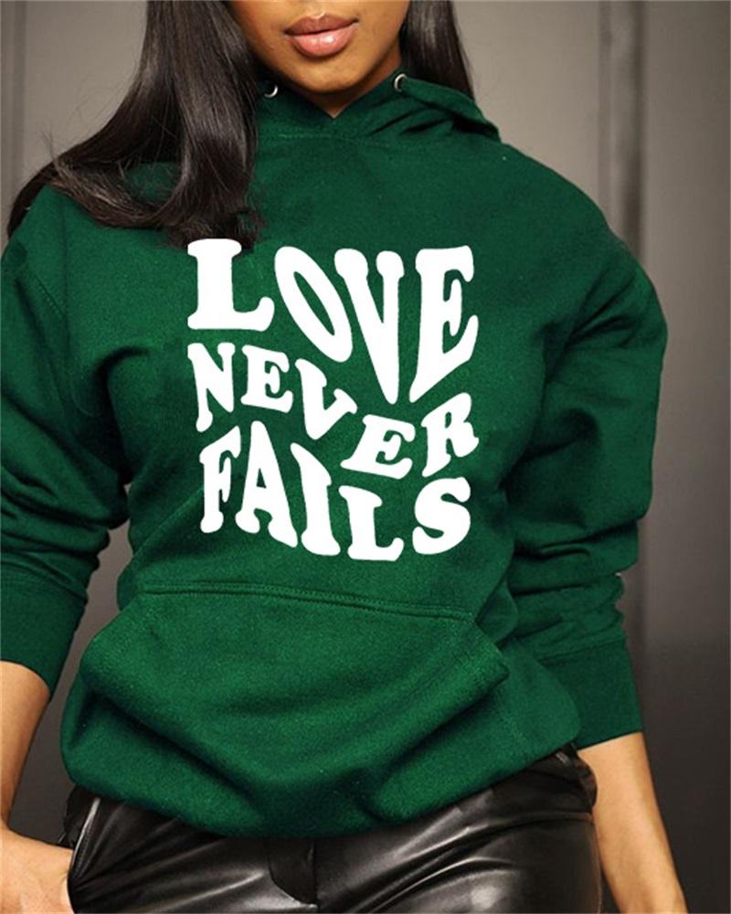 

Letter Print Long Sleeve Casual Hoodie, Green