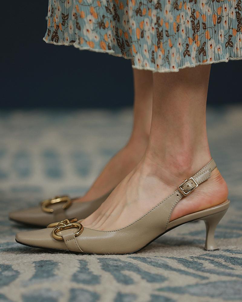 

Square-toe Solid Color Splicing Chain Buckle High Heels, Khaki