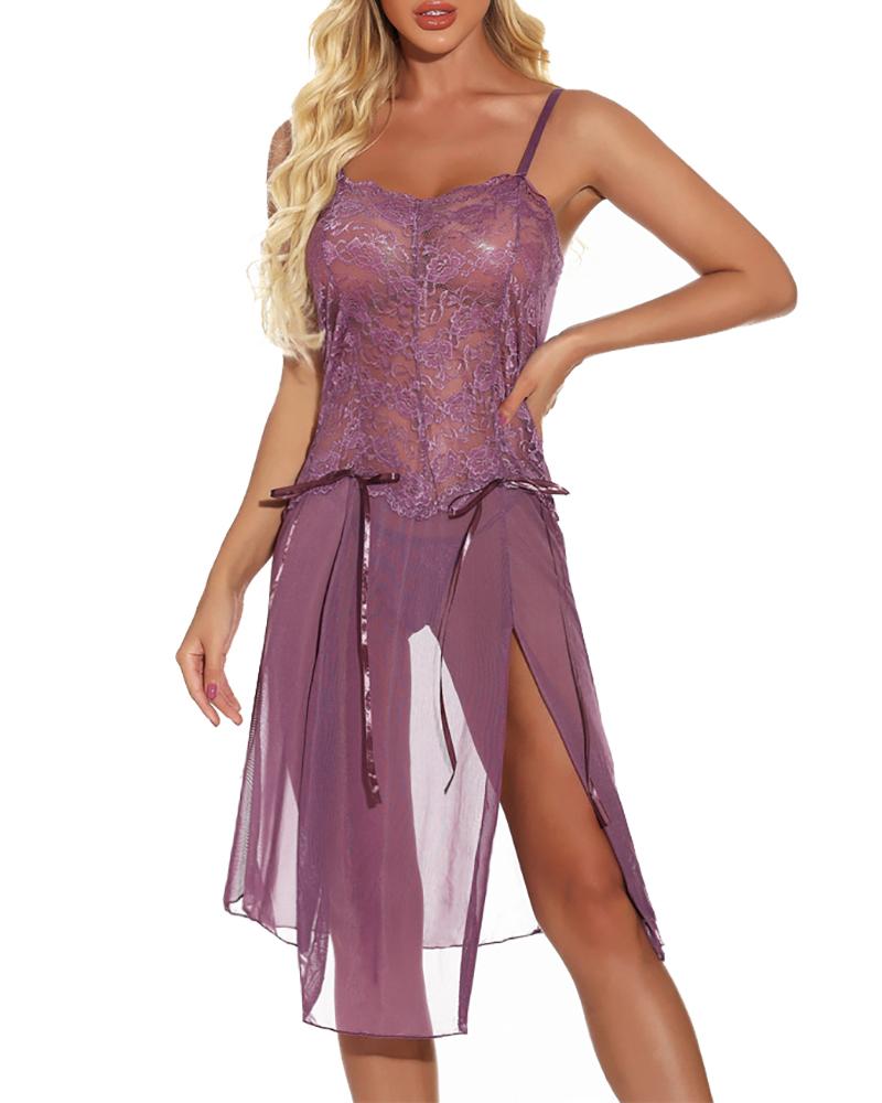 

Slit Crochet Lace Babydoll With Panty, Light purple