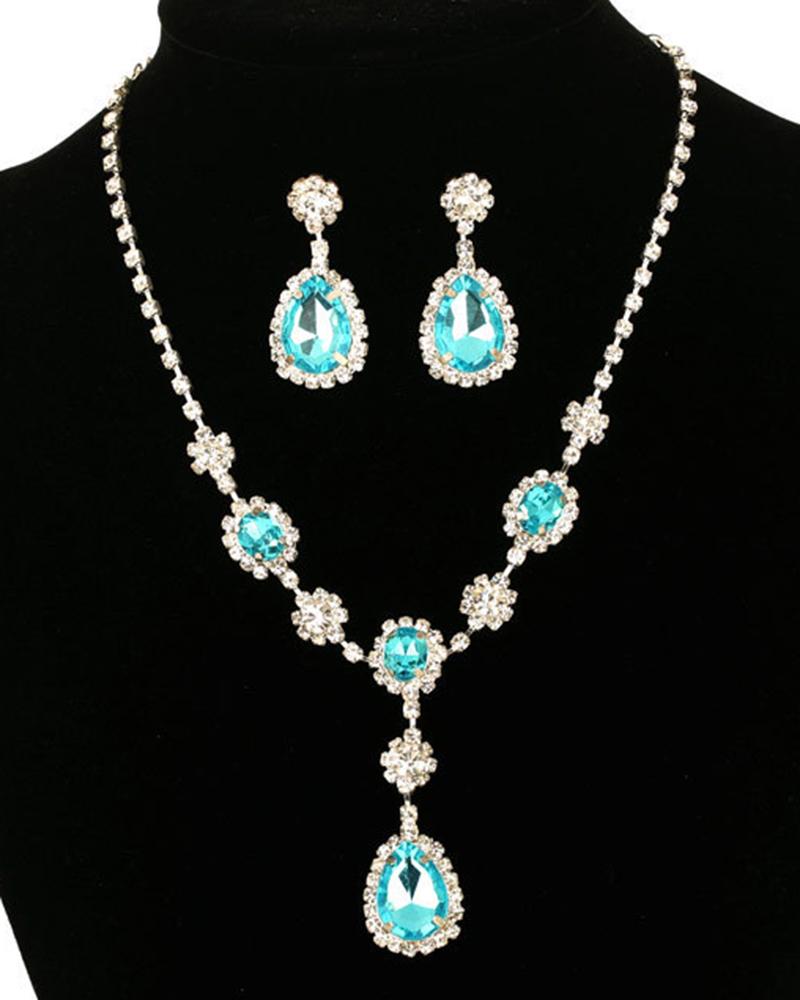 

2pcs Gem Stone Pendant Necklace & Waterdrop Earrings Fashion Jewelry Set, Blue