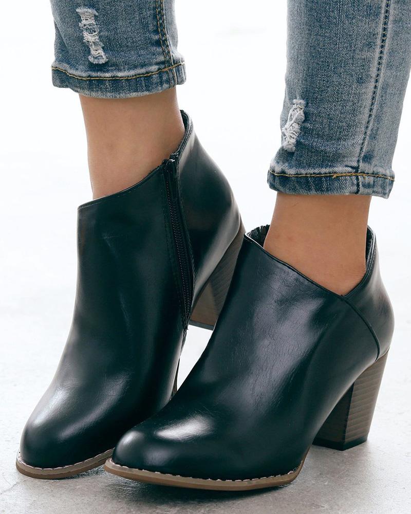 

Side Zipper Chunky Heel Ankle Boots, Black