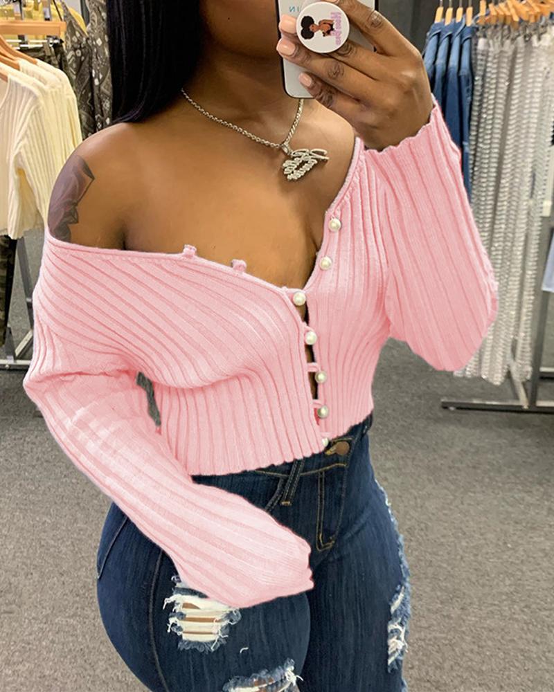 

Long Sleeve Button Front Crop Cardigan, Pink