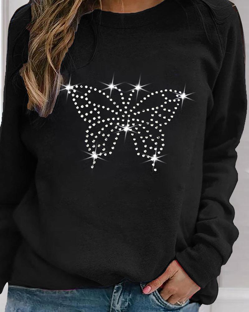 

Butterfly Rhinestone Print Long Sleeve Blouse, Black