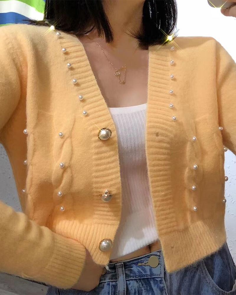 

Beaded Button Front Cable Knit Cardigan, Yellow
