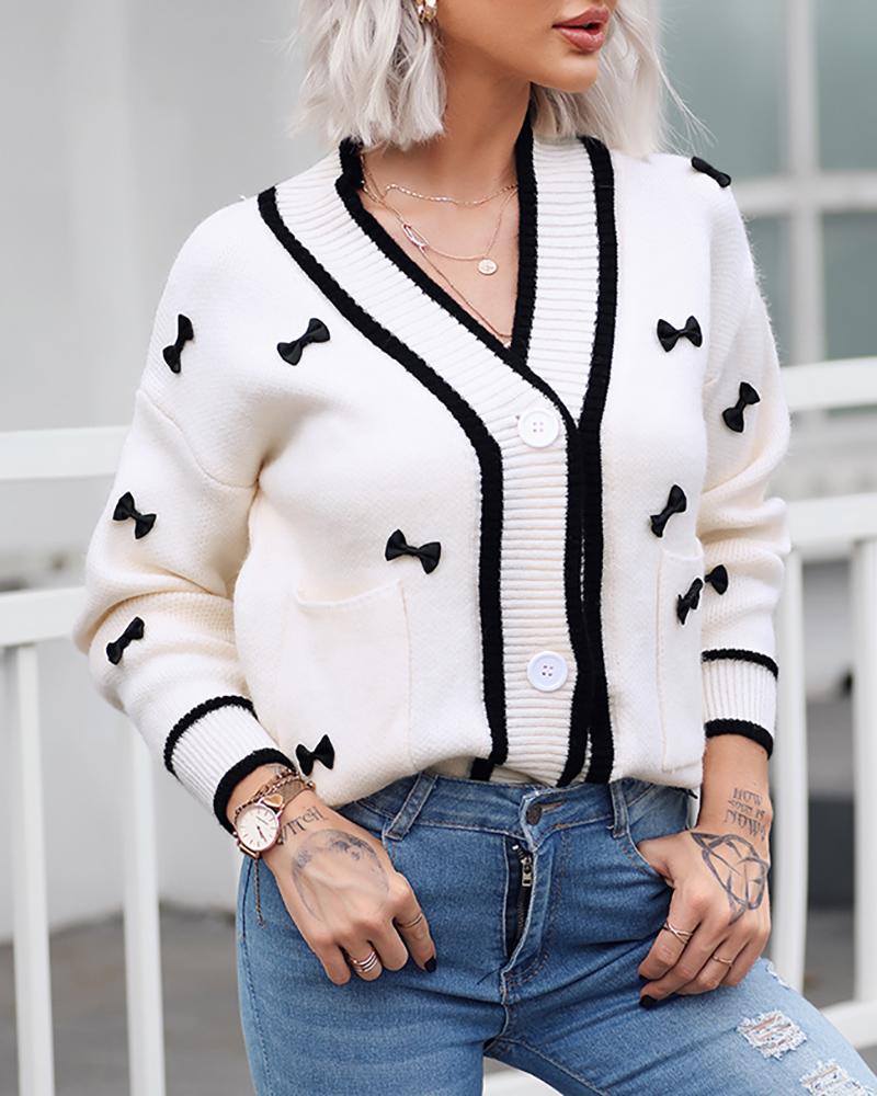 

Bowknot Decor Button Front Casual Cardigan, White