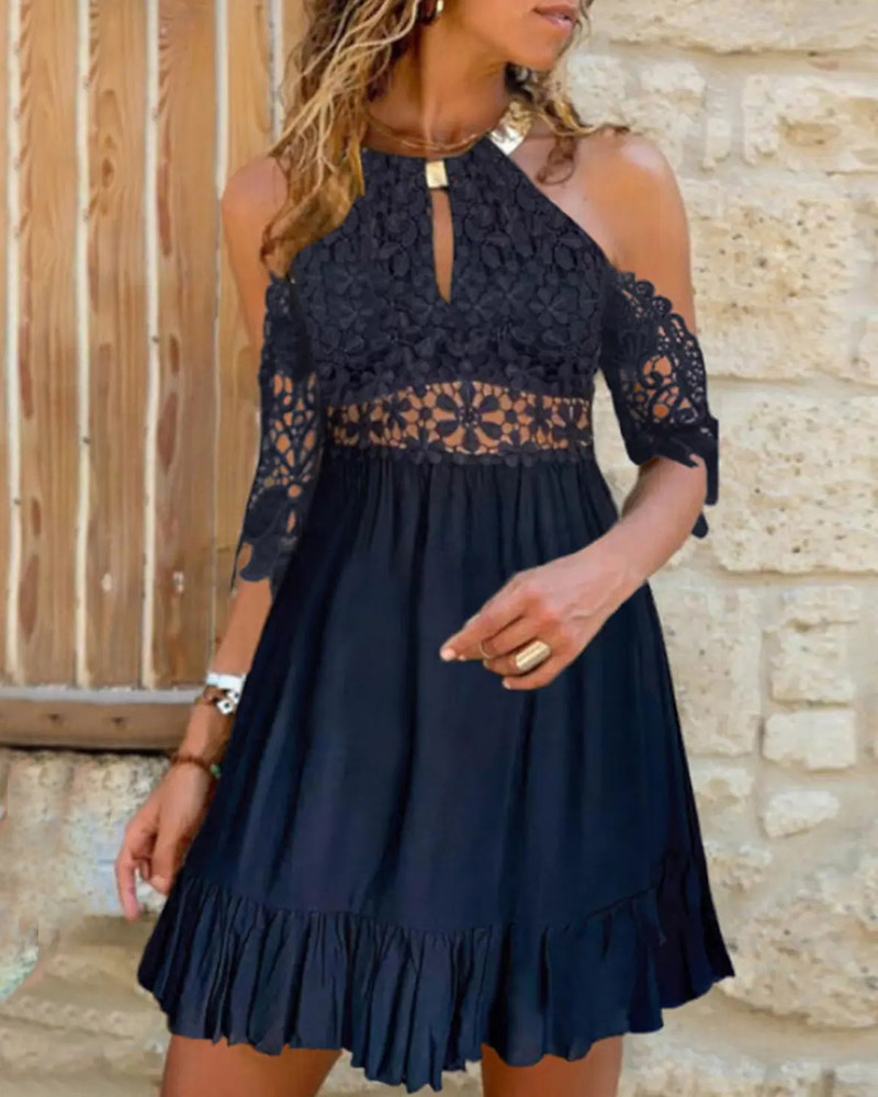 

Cold Shoulder Cutout Ruffles Lace Dress, Purplish blue