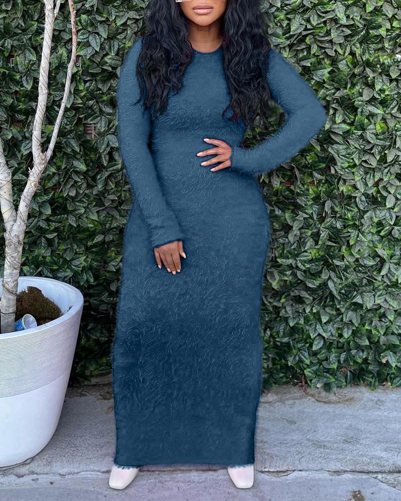 

Long Sleeve Fluffy Bodycon Dress, Blue