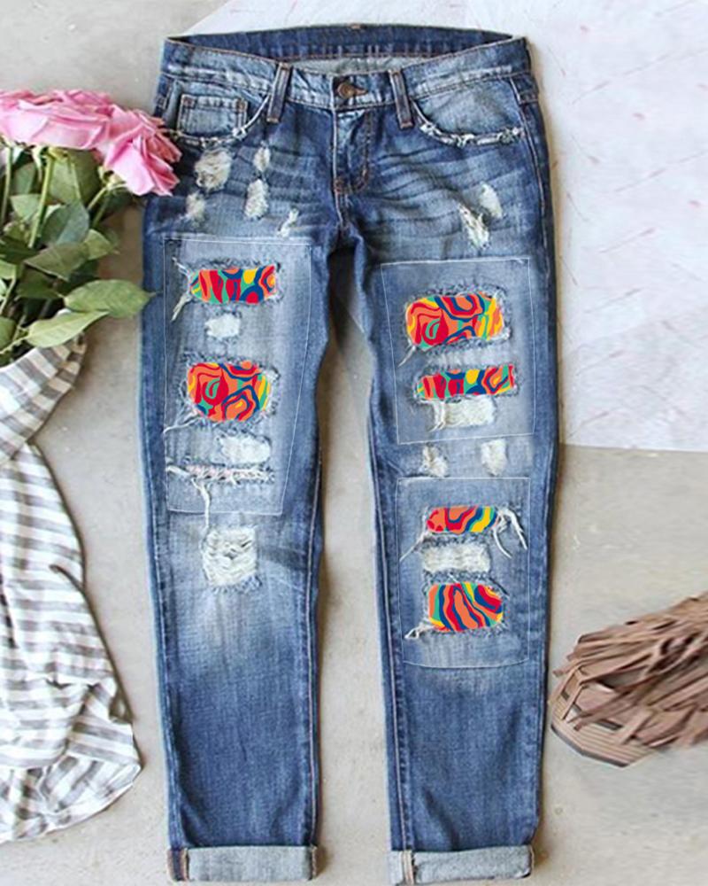 

Multi-Color Abstract Print Patchwork Ripped Jeans, Blue