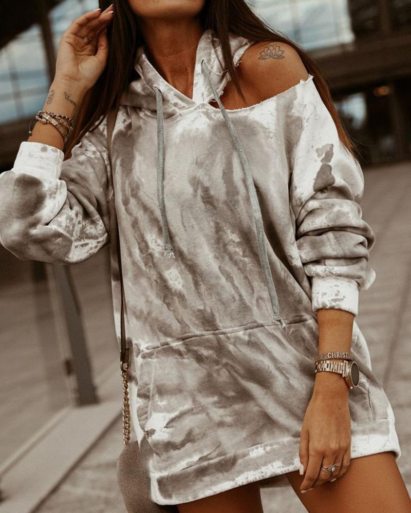 

Tie Dye Print Long Sleeve One Shoulder Hooded Sweatshirt, Gray