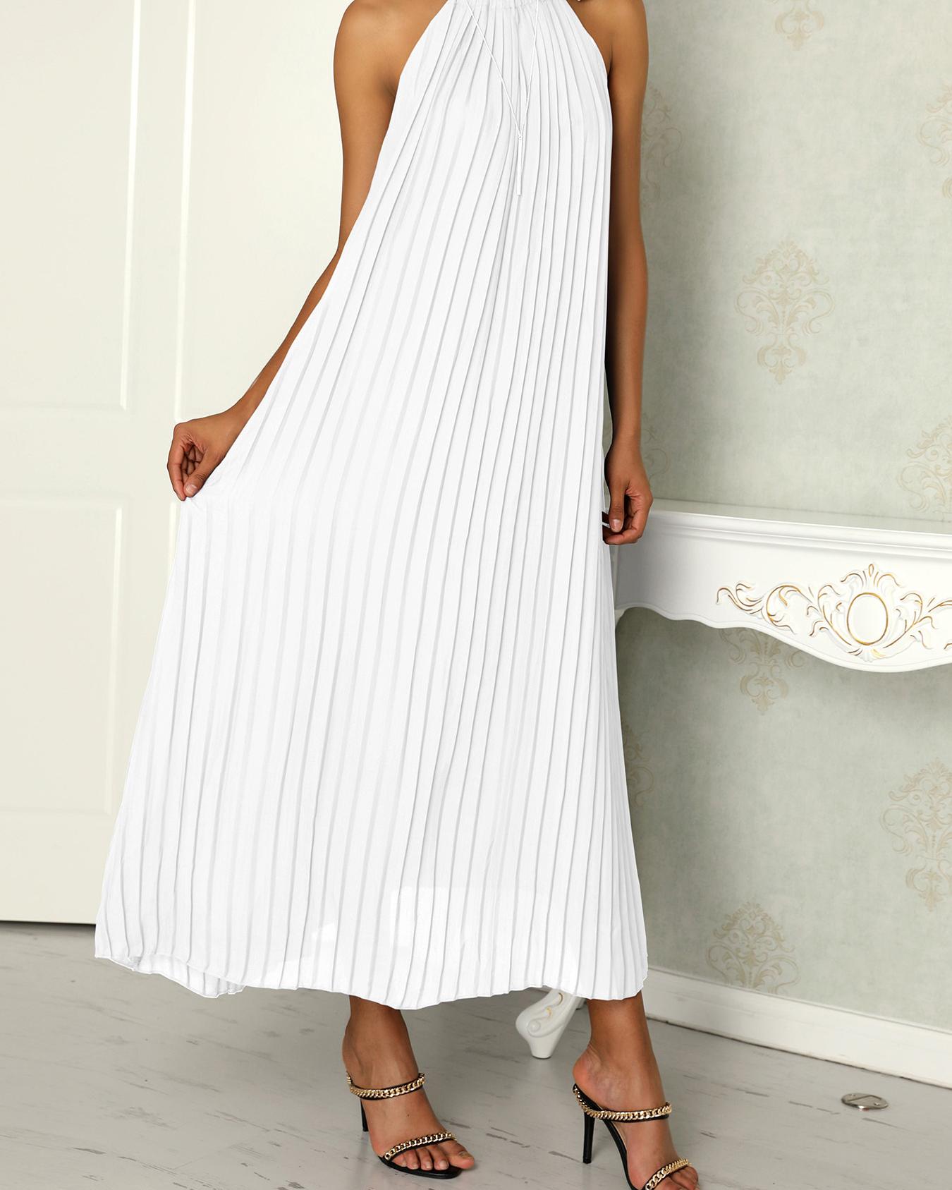 

Hot Summer Halter Pleated Casual Maxi Dress, White