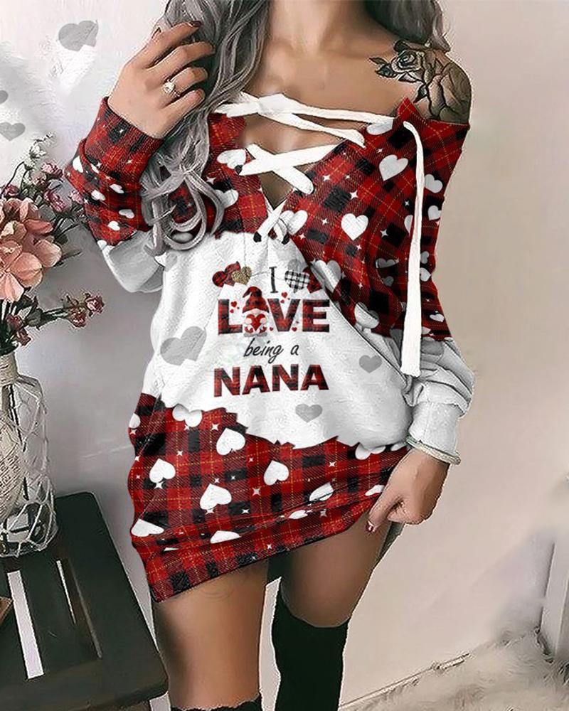 

Christmas Letter Heart Plaid Print Eyelet Lace-up Sweatshirt Dress, Red