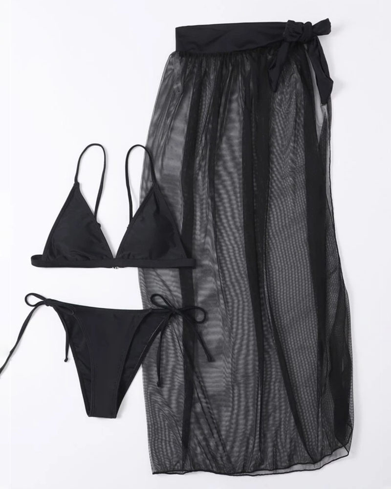 

3PCS Tied Detail Bikini Set With Sheer Mesh Cover Up, Black