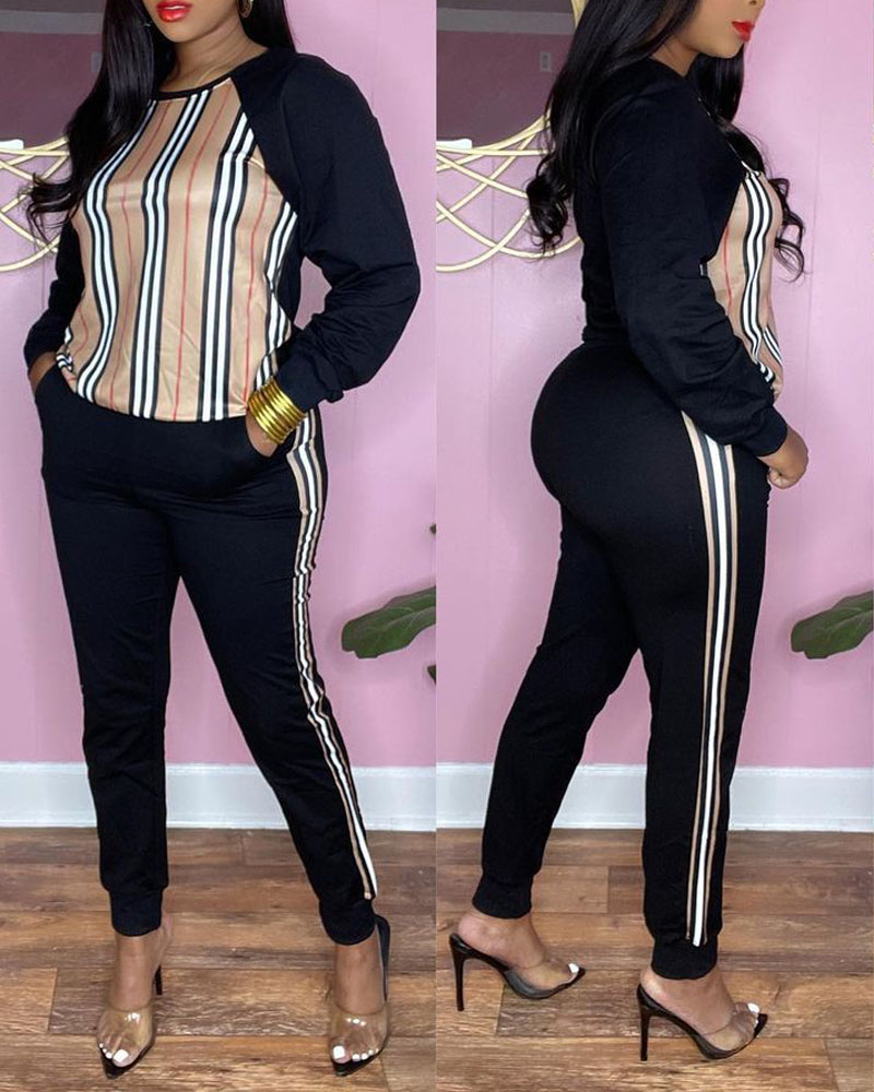 

Striped Print Long Sleeve Casual Top & Pants Set, Black