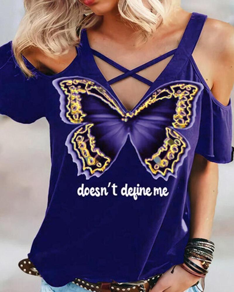 

Butterfly & Letter Print Cut-out Short Sleeve T-shirt, Blue