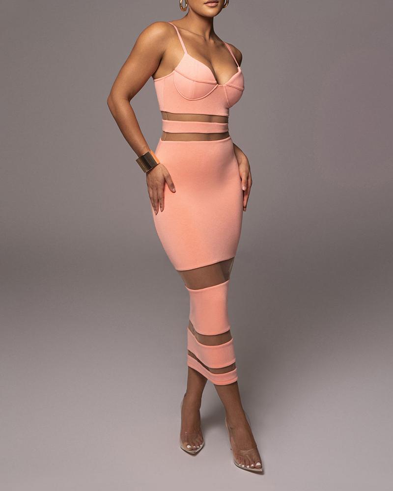

Spaghetti Strap Sheer Mesh Bodycon Dress, Pink