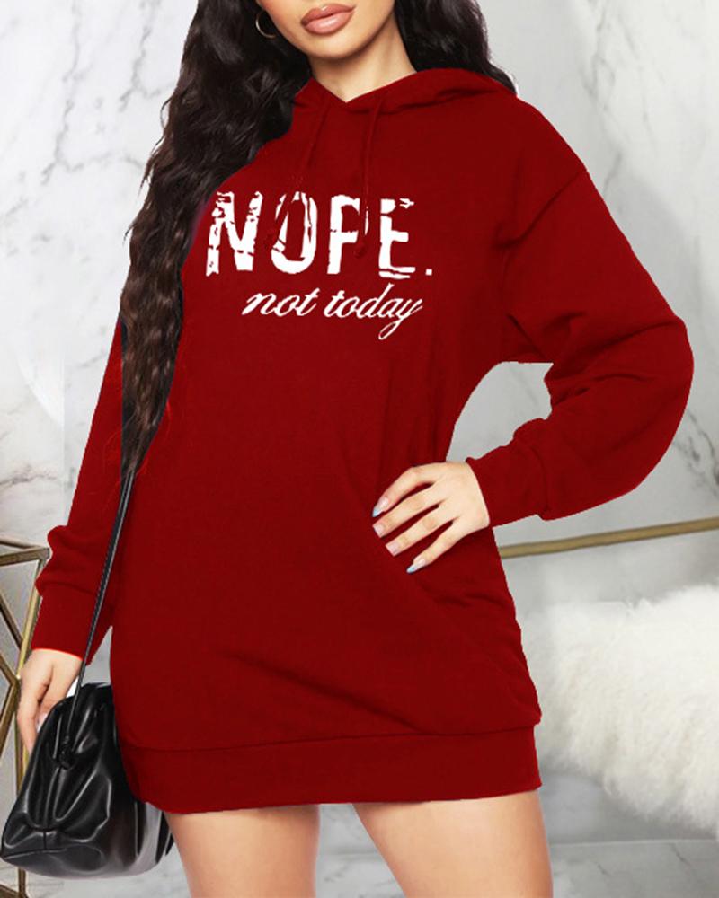 

Letter Print Pocket Design Hooded Dress, Wine red