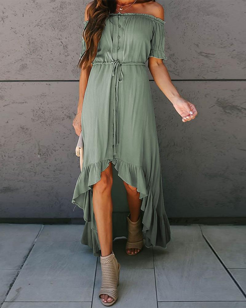 

Off Shoulder Ruffle Asymmetric Dress, Green