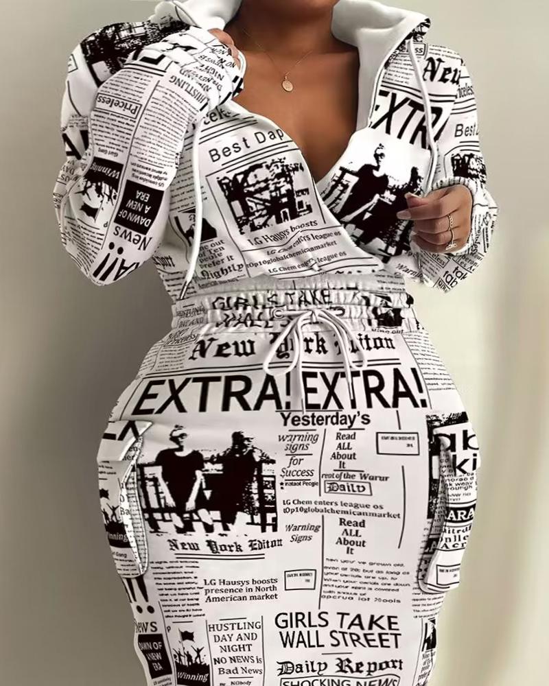 

Plus Size Newspaper Print Hooded Casual Dress, White