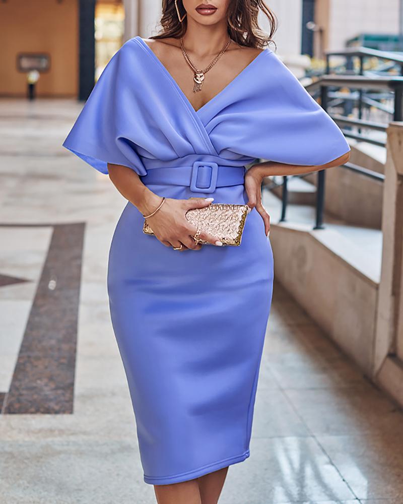 

Off Shoulder Wrap Belted Skinny Dress, Blue