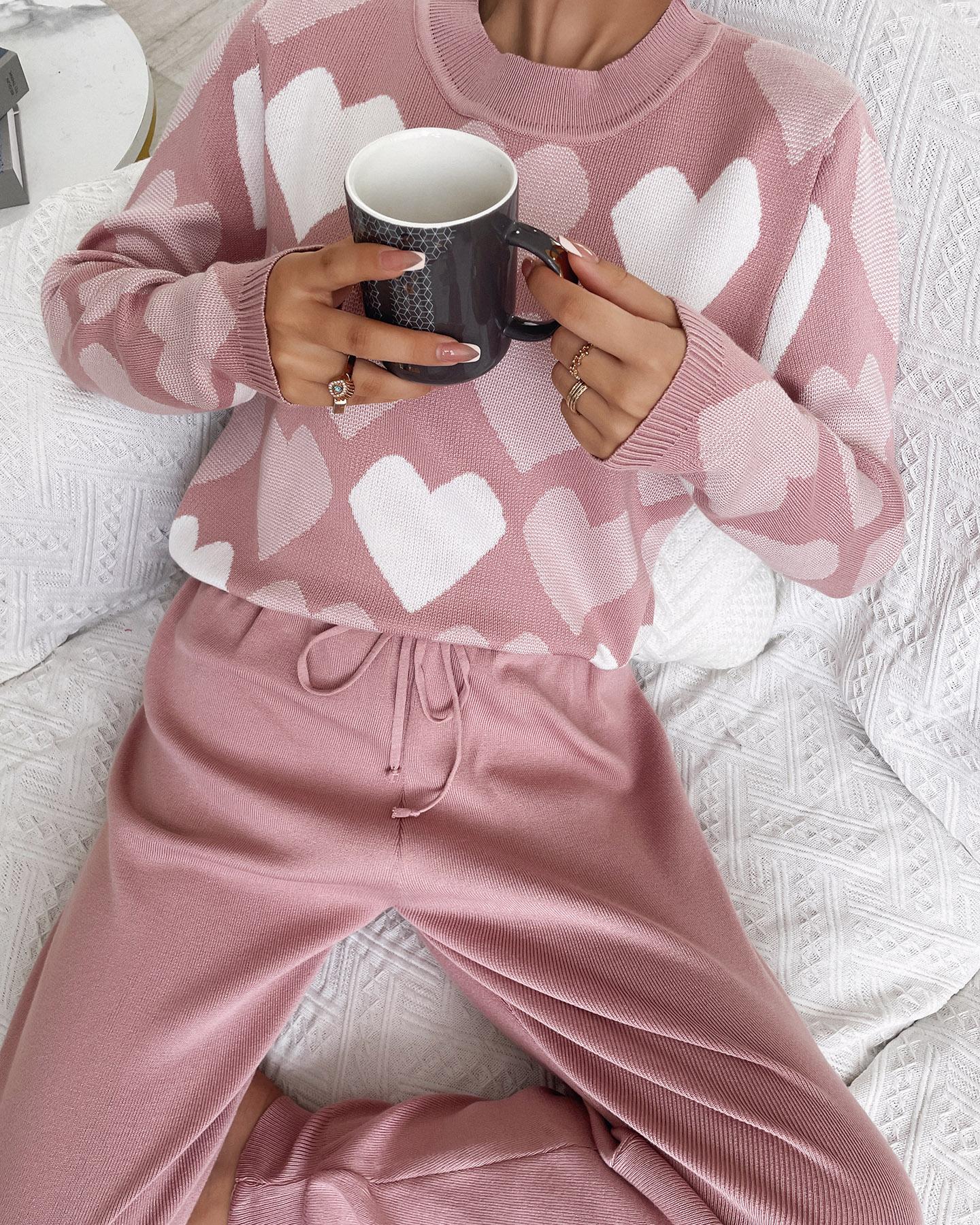 

Heart Print Sweater & Drawstring Pants Set, Pink