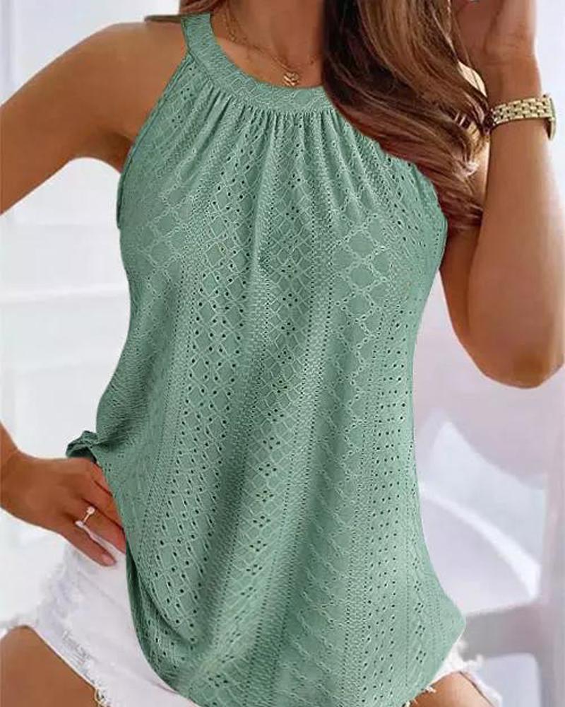 

O-Neck Eyelet Embroidery Ruched Top, Green