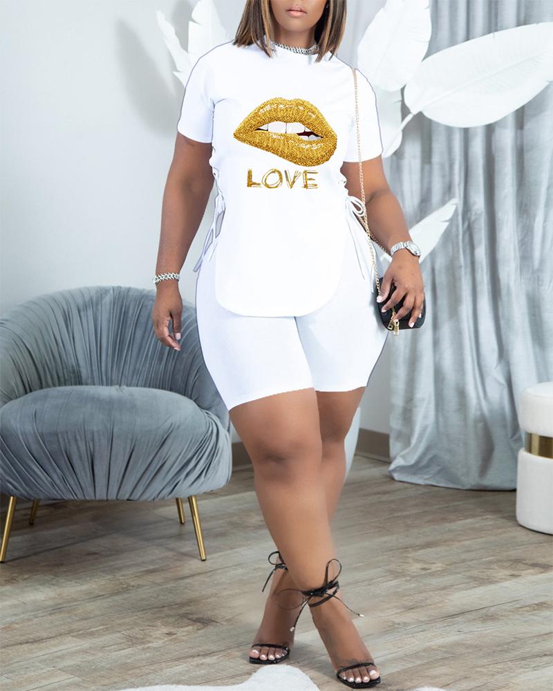 

Lip Letter Print Eyelet Lace-up Top & Shorts Set, White