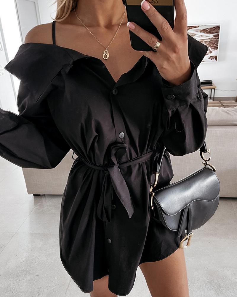 

Cold Shoulder Buttoned Shirt Dress, Black