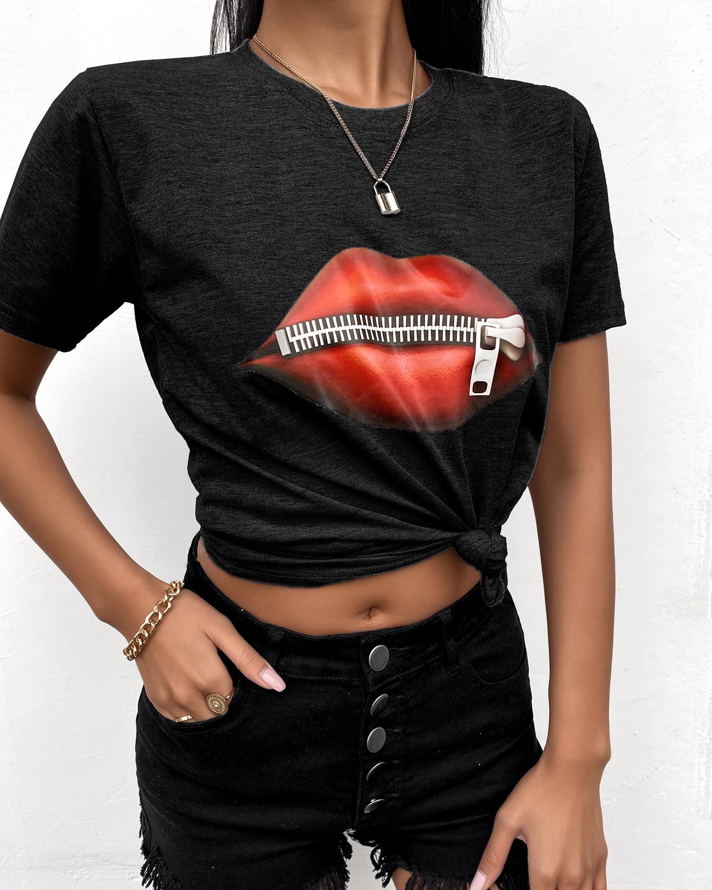 

Zipper Lip Print Short Sleeve T-Shirt, Black