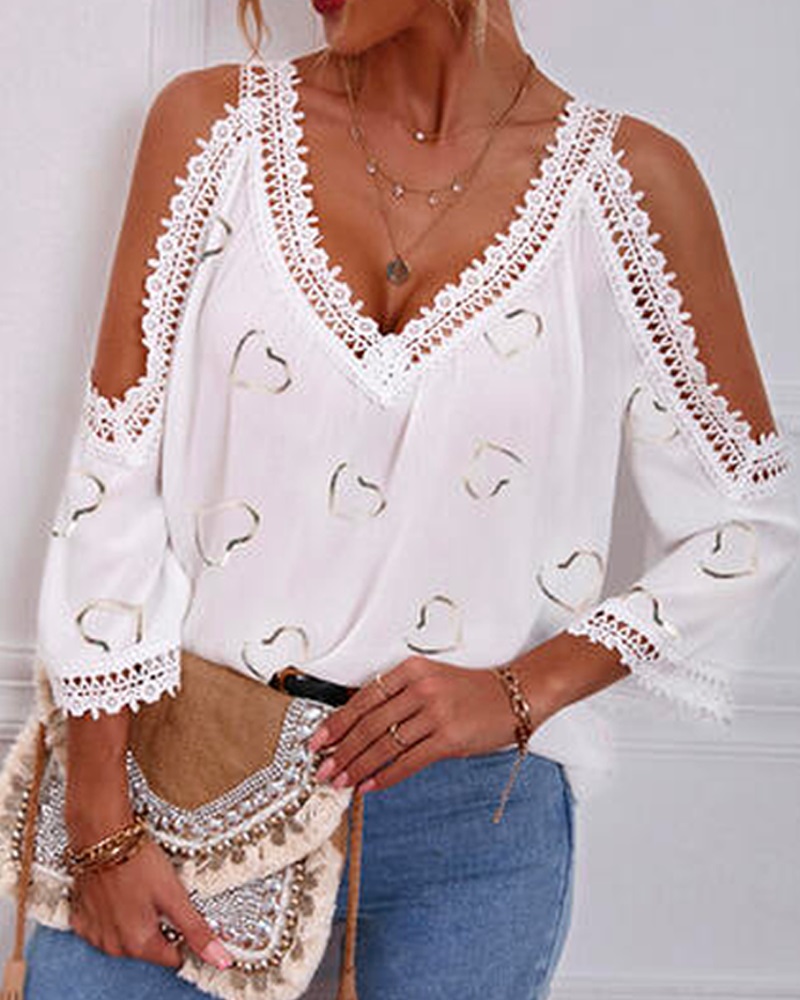 

Heart Print Contrast Lace Cold Shoulder Top, White