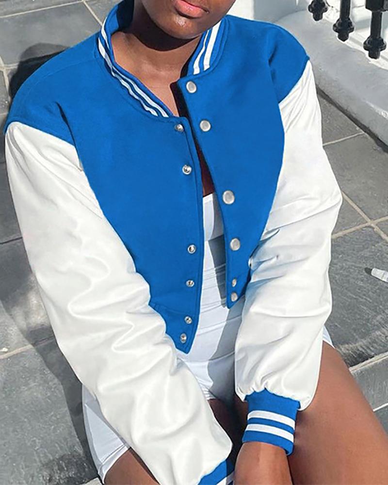 

PU Leather Patch Striped Buttoned Baseball Jacket, Blue