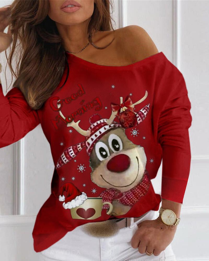 

Christmas Letter Moose Print Long Sleeve T-shirt, Red