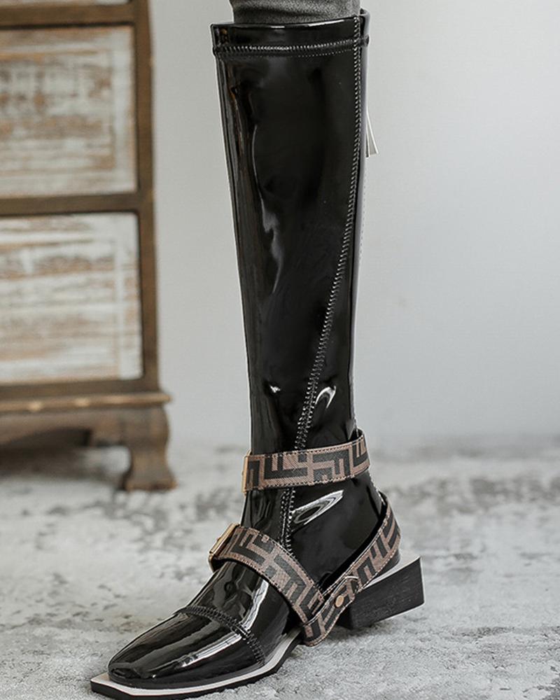

Splicing Round Toe Lacquered High Boots, Black